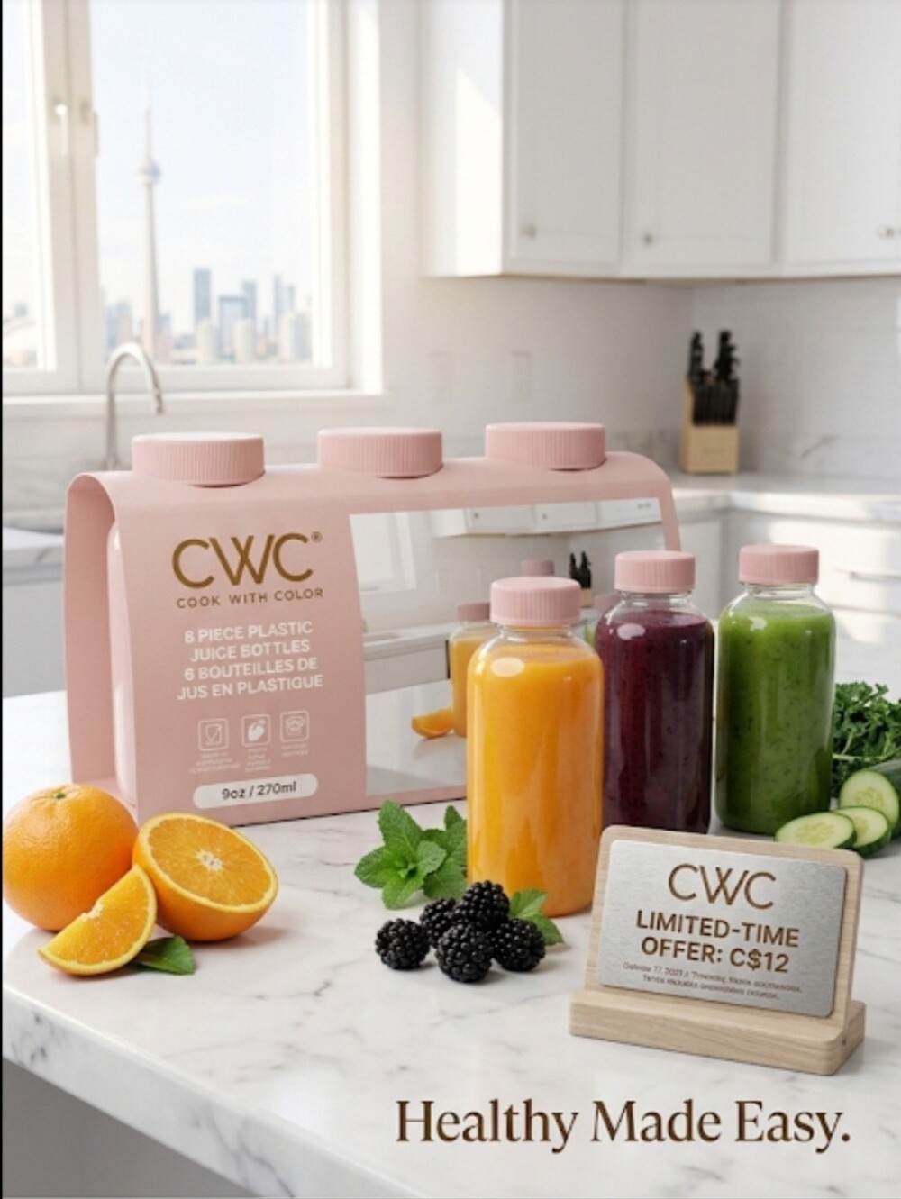 CWC Cook With Color 6-Piece Plastic Juice Bottles - Blush Pink